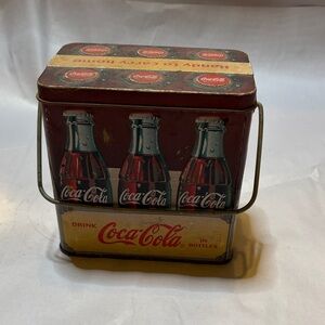 Coca-Cola Red and Yellow Metal Tin with Handle